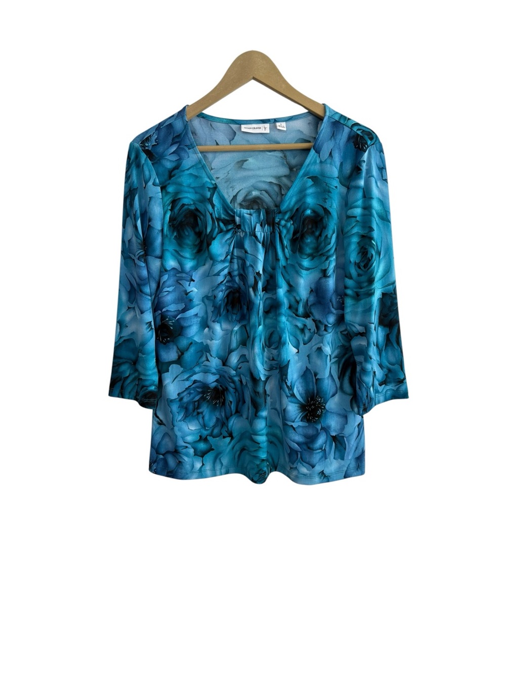 Susan Graver Size Small Blue Floral 3/4 Sleeve Top Whimsy Fairy Ethereal Preppy‎
